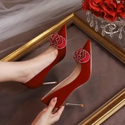 花朵秀禾结婚鞋子女中式新娘鞋2023年夏季小众红色婚礼高跟鞋