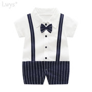 宝宝夏装纯棉0-1岁男婴儿连体衣服潮满月绅士周岁西装礼服套装薄