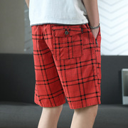 红色格子五分裤男士夏季薄款直筒宽松大裤衩，夏装潮流帅气休闲短裤
