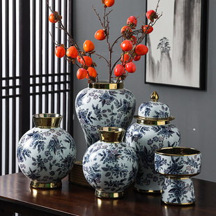 新中式陶瓷将军罐镀金轻奢风陶瓷花瓶饰品摆件家居陶瓷饰品摆件