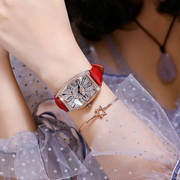 女表轻奢酒桶数字手表网红同款气质水钻女士真皮带大表盘方形手表