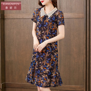 香妮芬优雅气质娃娃，领台湾纱连衣裙，女2024夏季漂亮蓝色印花裙