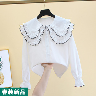 白衬衫女设计感小众春秋洋气，学生宽松大码法式别致娃娃领上衣