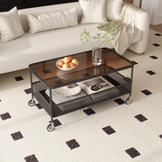 法式网红长方形钢化玻璃茶几现代简约小户型客厅家用移动带轮桌子