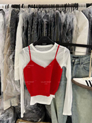 短款针织吊带纯色长袖T恤女2024春季韩版两件套上衣