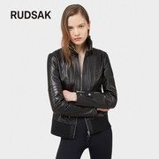 rudsaktisha加拿大女春秋冬机车真绵羊皮黑色，短款小皮衣修身外套