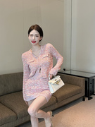 2024韩系小香风气质针织套装女春季小众V领甜美开衫包臀裙女