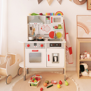 豪华儿童过家家厨房声光木制玩具，3-6岁仿真冰箱微波炉，组模拟做饭