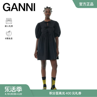 明星同款GANNI女装 黑色圆领棉质泡泡袖短裙连衣裙 F9005099