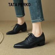 TATA PERKO联名英伦风复古尖头小皮鞋女真皮系带中跟软皮深口单鞋
