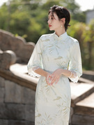 大码旗袍中国风修身显瘦女装，宴会演出礼服连衣裙喇叭袖中长款