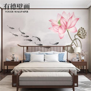 中式电视背景墙壁纸客厅卧室，禅意水墨荷花，九鱼影视墙墙纸墙布壁画