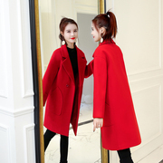 赫本大衣女中长款韩版2024冬加厚保暖大红色毛呢外套气质女装