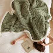 ins绿色塔芙绒毛毯秋冬提花毯子双层加厚大朵羊羔绒休闲毯沙发毯