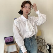 大码女装200斤胖mm春季韩版chic法式白色长袖衬衫设计感翻领上衣