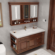 美式红橡木一体陶瓷盆，浴室柜实木洗漱台盆柜，现代智能卫浴吊柜定制