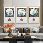 新中式山水刺绣挂画苏绣沙发背景墙三联装饰画实木雕花客厅壁画