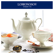 俄罗斯皇家瓷器lomonosov莲白金边骨瓷，红茶杯碟糖罐壶套装
