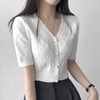 韩国chic夏季复古麻花纹，纯色v领短袖针织衫t恤收腰短款开衫上衣女