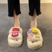 韩国可爱卡通毛毛拖鞋女鞋，一字拖外穿2022年厚底家居i棉拖
