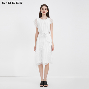 sdeer圣迪奥小众设计连衣裙女条纹网纱收腰长裙S223Z123V