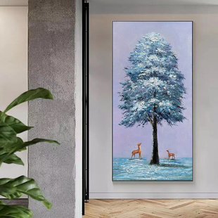 现代简约手绘油画玄关装饰画竖版发财树走廊过道立体挂画轻奢福鹿