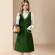 欧美名媛春季2024气质，两件套装文艺，绿色中长款背心连衣裙上衣