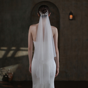 v840双层珍珠头纱，超仙白色新娘结婚出门纱旅拍水钻，软纱头饰