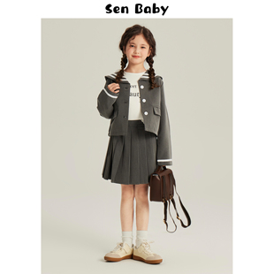 senbaby儿童套装裙女童春装，韩系童装学院风，套装海军领外套+百褶裙