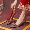 中式红色秀禾婚鞋新娘鞋主婚纱蝴蝶结高跟鞋女3cm气质低跟水晶鞋