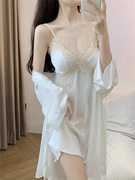 白色蕾丝吊带连衣裙2024女夏冰丝绸睡衣带胸垫睡裙睡袍两件套