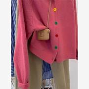 法式粉色彩扣毛衣外套女秋冬春季设计感小众插肩甜美减龄针织开衫