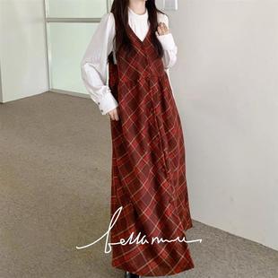 秋冬战裙显白vintage红格毛呢，马甲裙v领无袖，背心裙长款复古显瘦