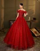婚纱礼服红色蓬蓬裙，艺考声乐演出服美声，独唱主持人礼服女长款