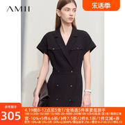 Amii2024夏通勤翻领双排扣弹力短袖收腰修身中长连衣裙女款