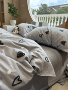 高级灰色爱心床上用品，四件套全纯棉1.5m1.8米，宿舍被套床单三件套
