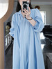 2024春夏法式气质v领蓝色，连衣裙度假感大裙摆显瘦长袖衬衫连衣裙