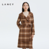 lancy朗姿羊毛大衣女，2022冬季通勤收腰立领双面呢格纹外套