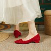 优雅气质单鞋2023年红色羊皮粗跟女鞋方头浅口蝴蝶结中跟鞋40