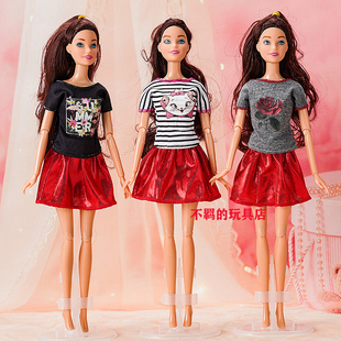 条纹T恤 大红短裙时尚套装衣服适合11.5寸Barbi巴比娃娃 30cm衣服