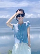 冰丝V领针织短袖T恤女款2024夏季薄款修身短款小个子上衣