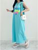 韩国夏季女士纯棉字母休闲无袖宽松腰过膝长裙T恤连衣裙蓝色