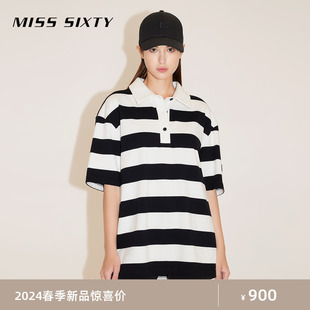 Miss Sixty2024春季T恤女Polo领条纹宽松长款落肩休闲运动风