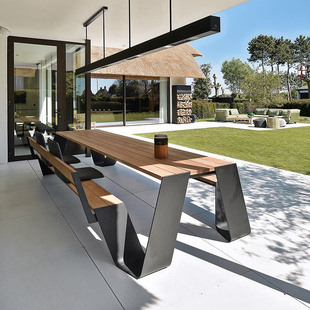 北欧户外铝合金桌椅，套件连体长桌休闲铁艺露天花园庭院简约