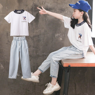 女童夏装套装女孩韩版洋气12网红13岁中大童时髦短袖牛仔裤两件套