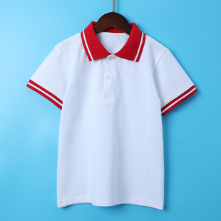 儿童校服男童女童短袖T恤POLO衫红领中大童装小学生白色纯棉班服