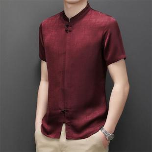 中国风红色唐装2023夏季男士短袖中年加肥大码中袖宽松冰丝上衣男