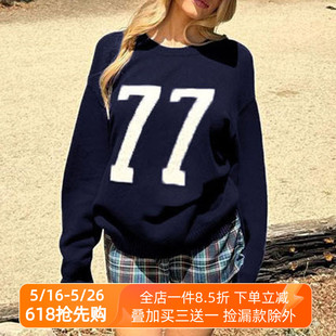 IUAE「美式大号码」藏蓝色中长款毛衣女秋冬简约宽松套头毛织外套