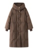 c422冬季复古气质百搭连帽中长款休闲棕色，美拉德羽绒服外套大衣