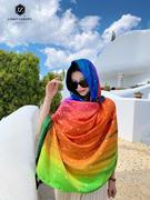 高档秋季彩虹色星星丝巾空调披肩两用长款渐变色防晒百搭沙滩围巾